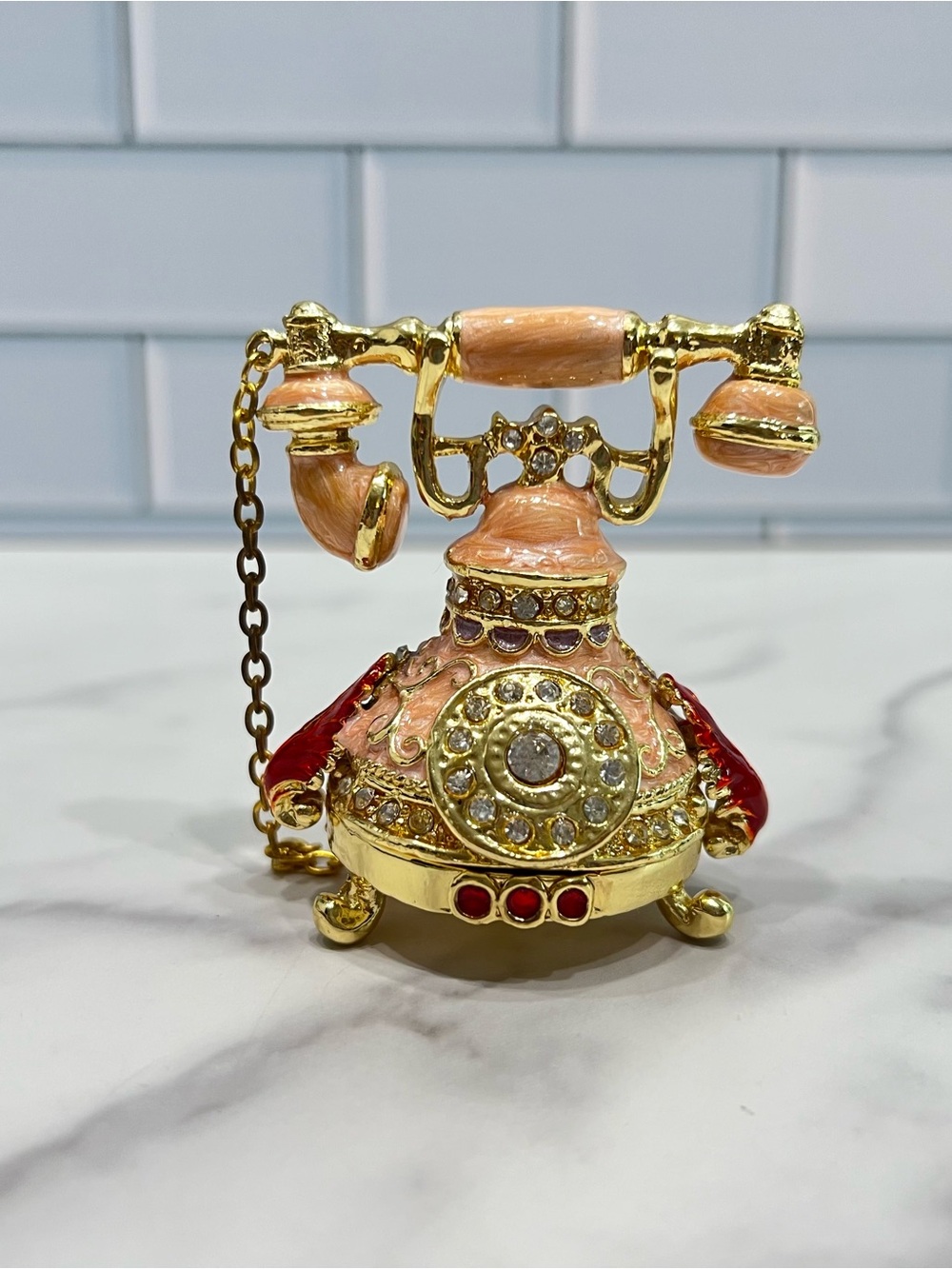 Objet D’Art Bonnie Antique Telephone Trinket Box Pink Gold Enameled & Jeweled